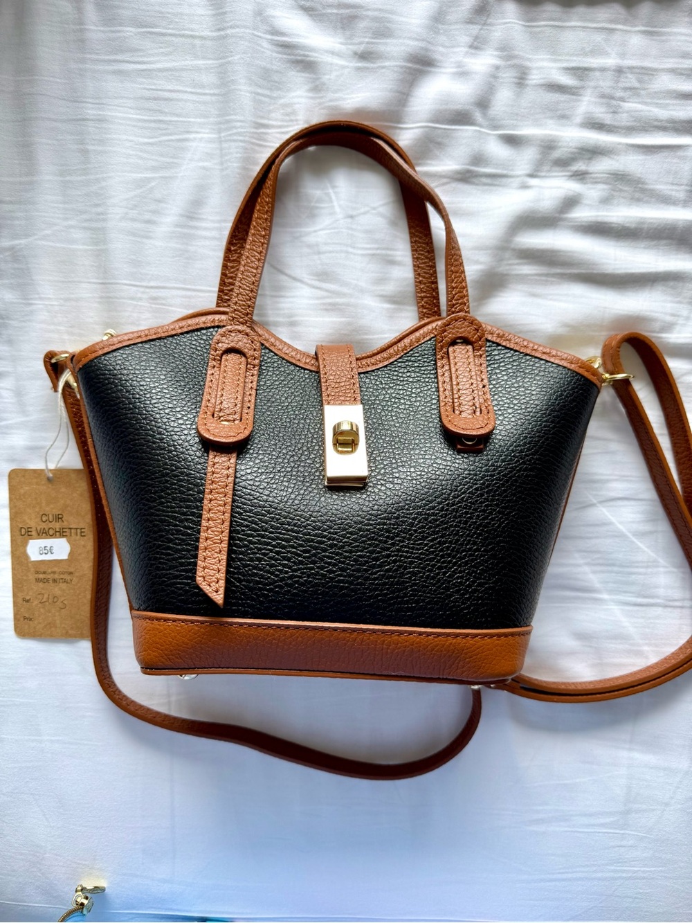 NWT Kevim Paris Black & Tan Leather Tote Bag with Gold Lock.